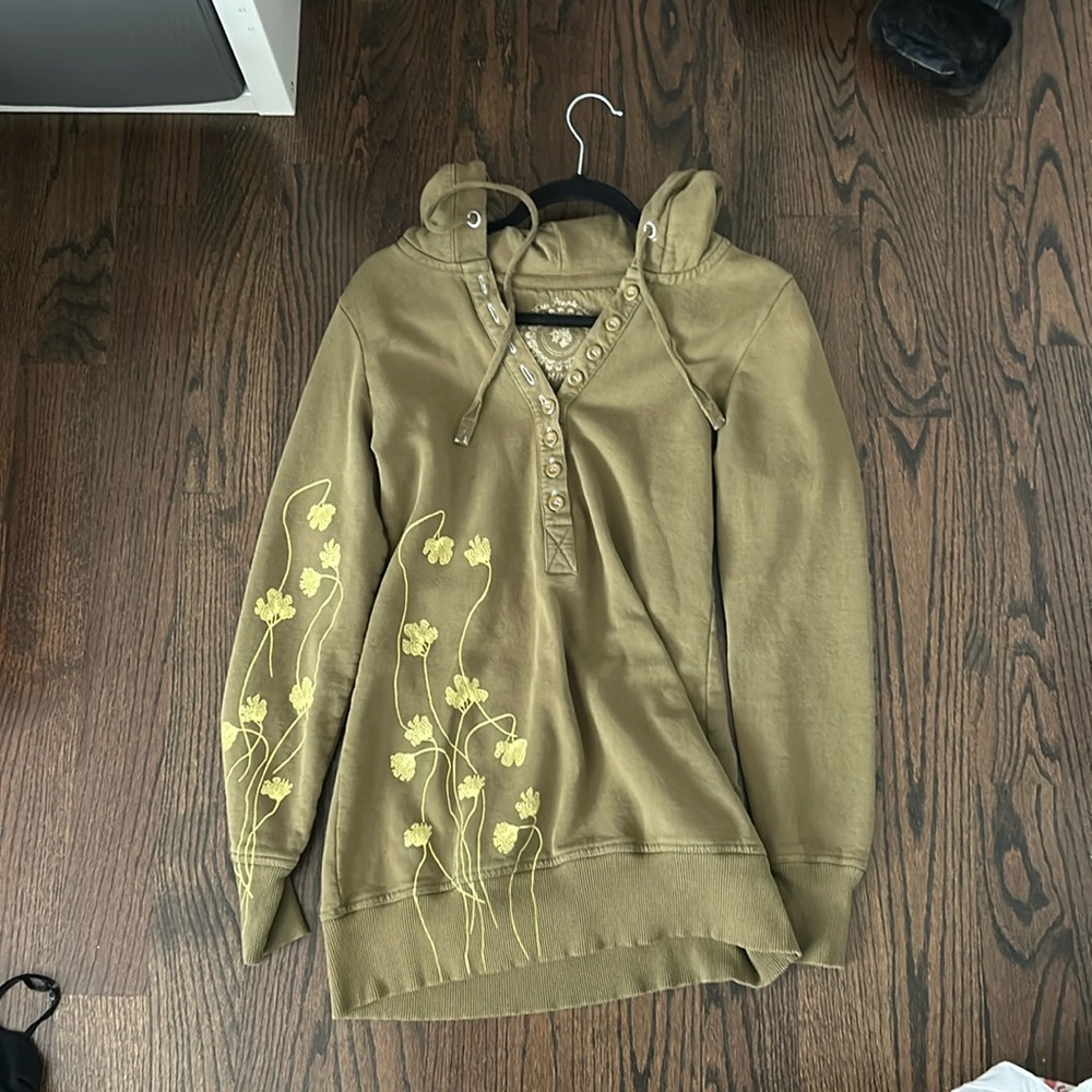 COPY - Free People Ginko Leaf Hoodie Tunic Sweatshirt Green ButtonV-Neck Size M…